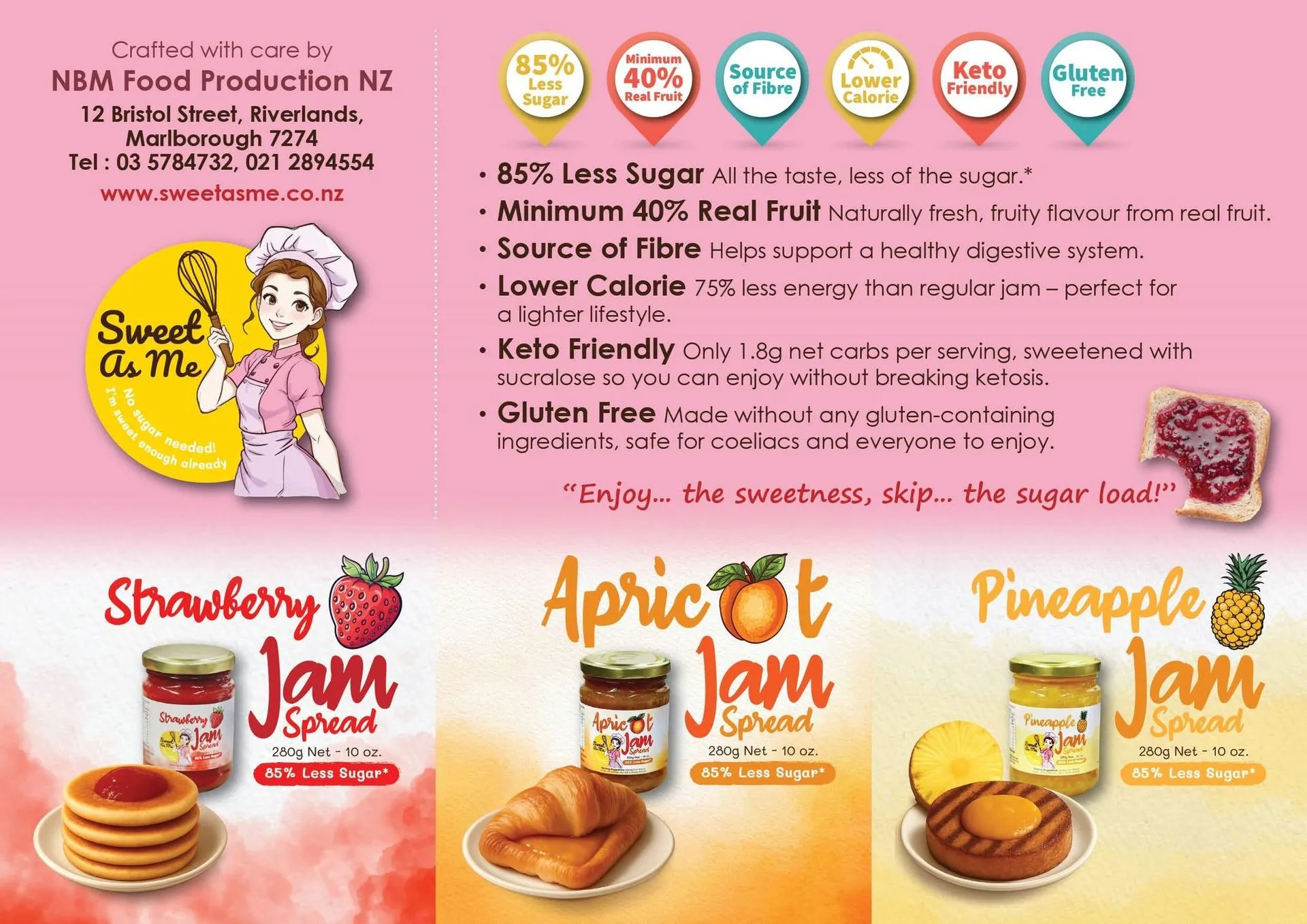 Sweet As Me product brochure showing the three jam spreads and their benefits